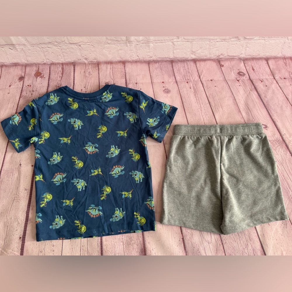 Flapdoodles Blue dinosaur print t-shirt paired with comfy gray shorts. - Picture 2 of 4